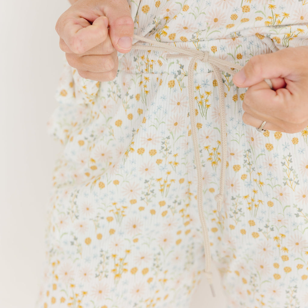 Whimsical Floral Small Ribbed Women's Short Sleeve & Pants Matching Set