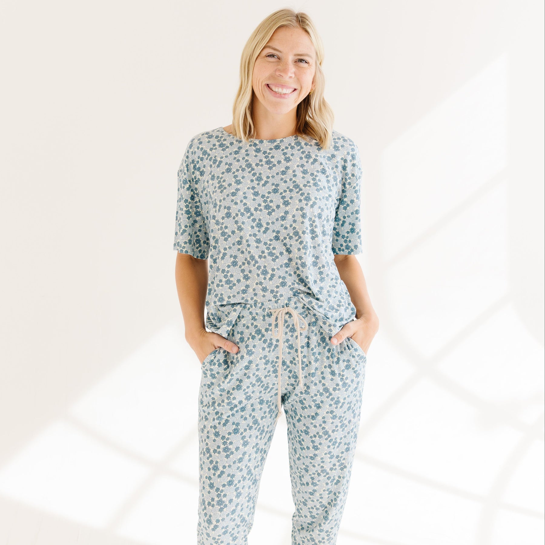 Bluebell Blossoms Small Ribbed Women's Short Sleeve & Pants Matching Set