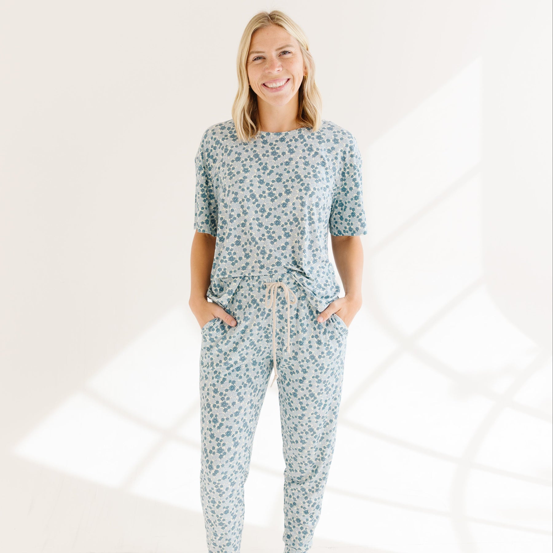 Bluebell Blossoms Small Ribbed Women's Short Sleeve & Pants Matching Set