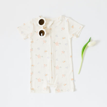 Pastel Floral Small Ribbed Summer Zip Romper