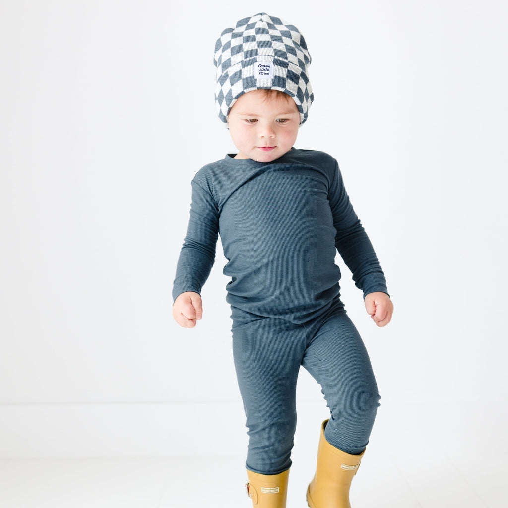 Dark Steel Blue Small Ribbed Two-Piece Set