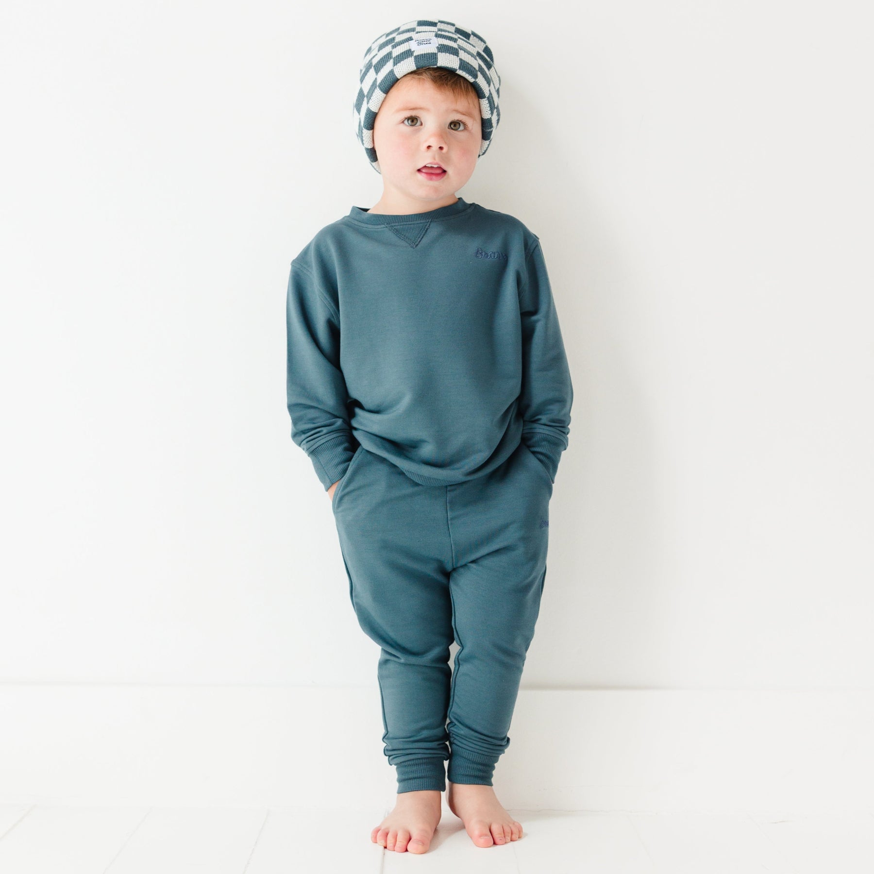 Dark Steel Blue with Brave Embroidered Bamboo French Terry Pullover & Jogger Set