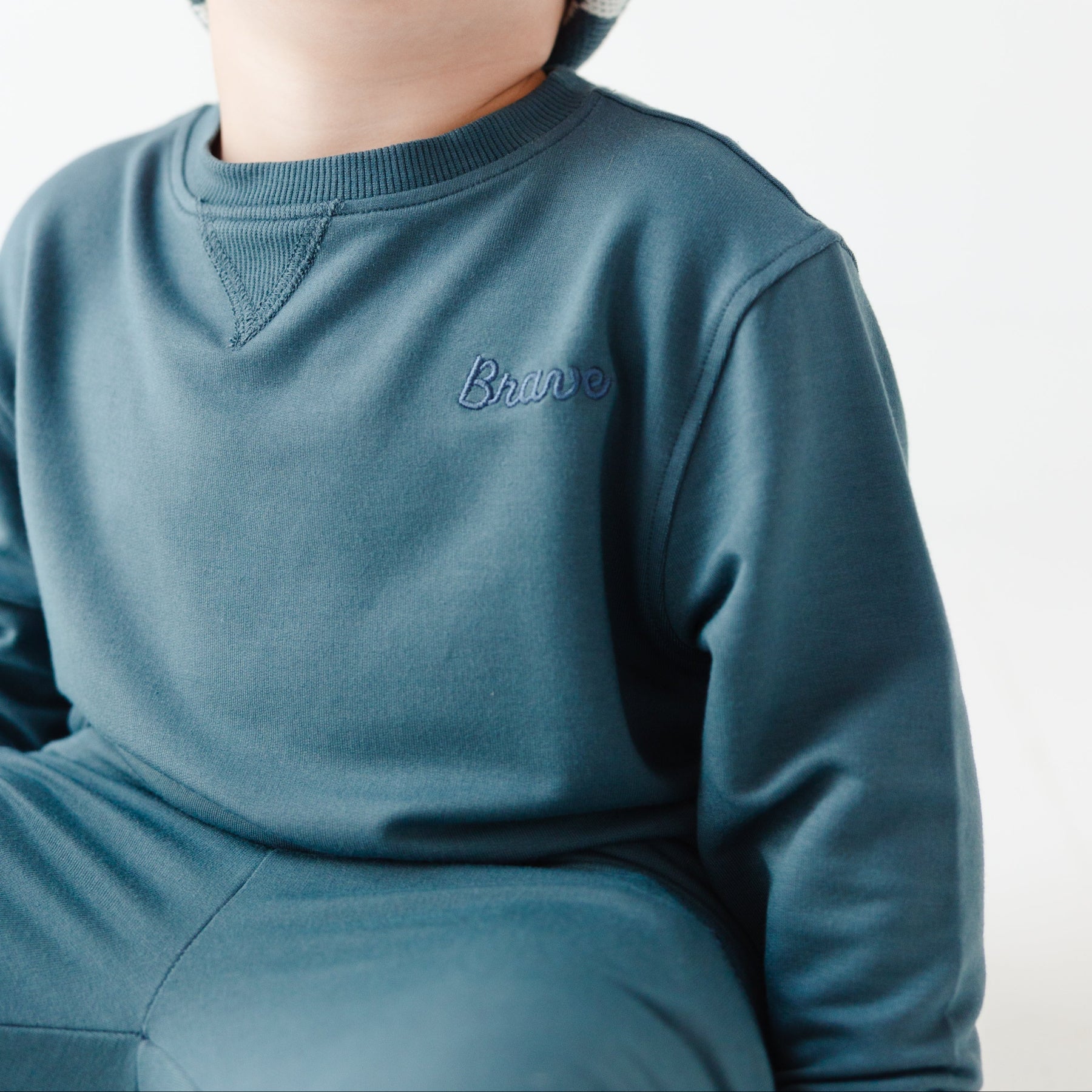 Dark Steel Blue with Brave Embroidered Bamboo French Terry Pullover & Jogger Set