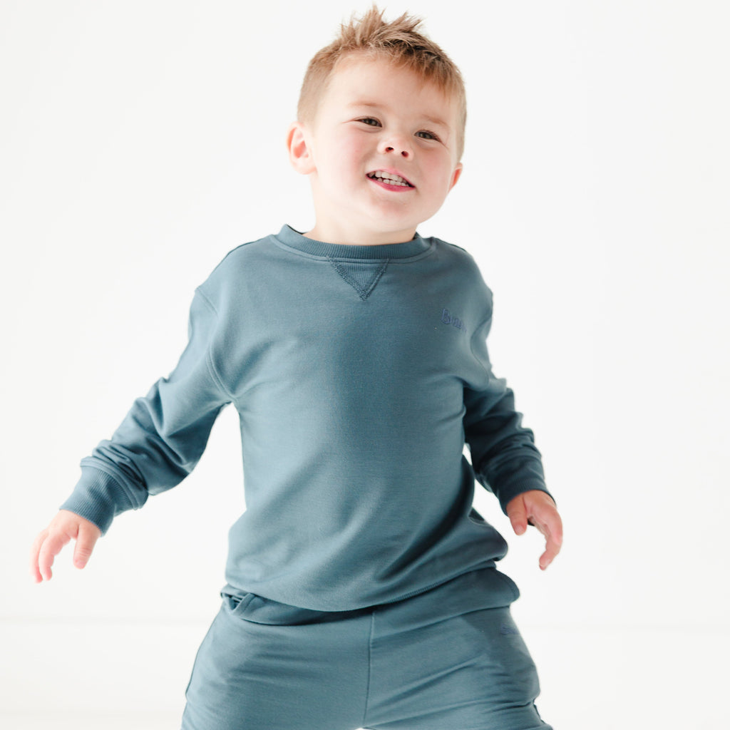 Dark Steel Blue with Brave Embroidered Bamboo French Terry Pullover & Jogger Set