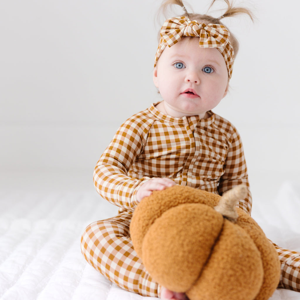 Caramel Small Gingham Zip Romper