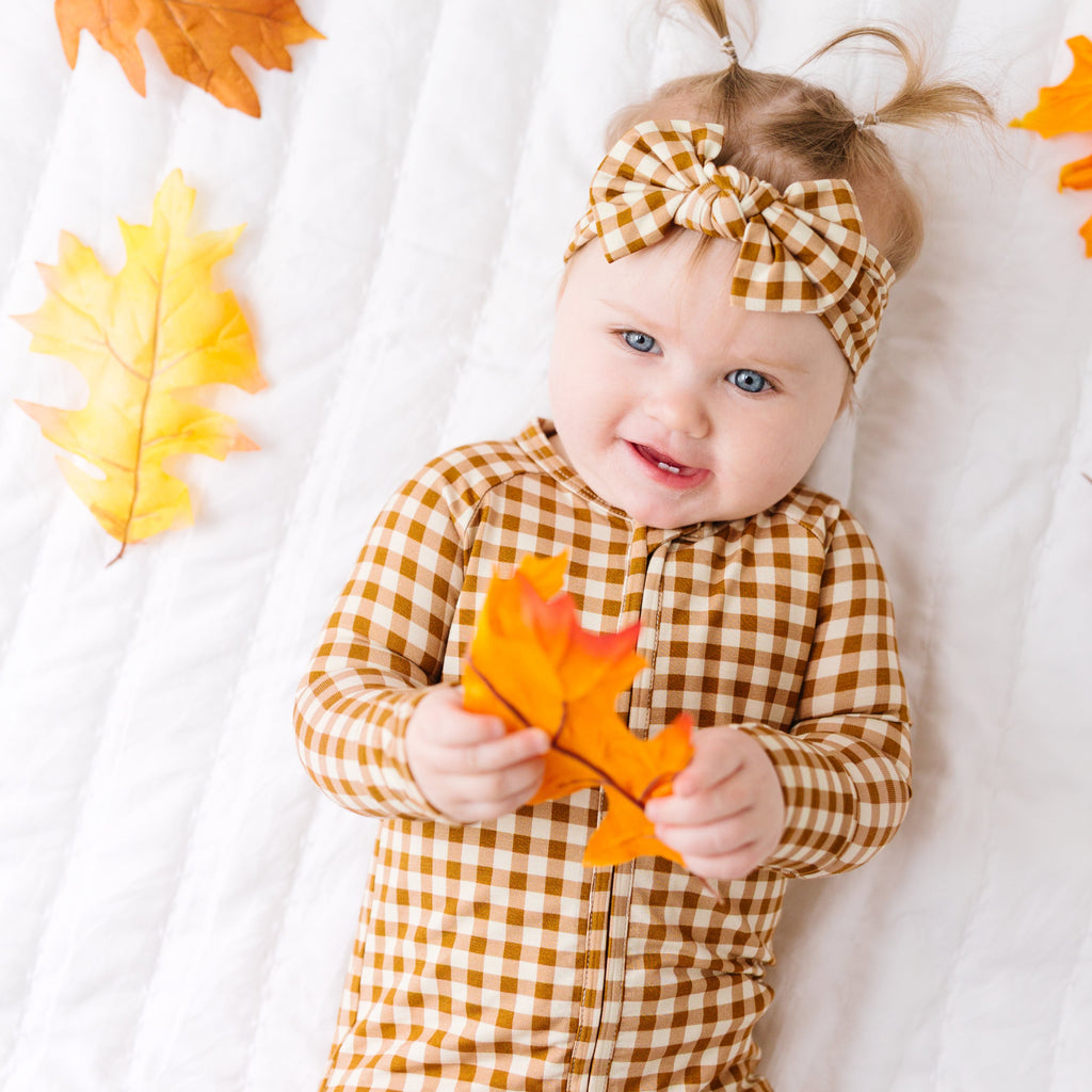 Caramel Small Gingham Zip Romper