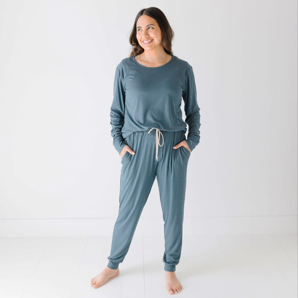 Dark Steel Blue Small Ribbed Women's Matching Set