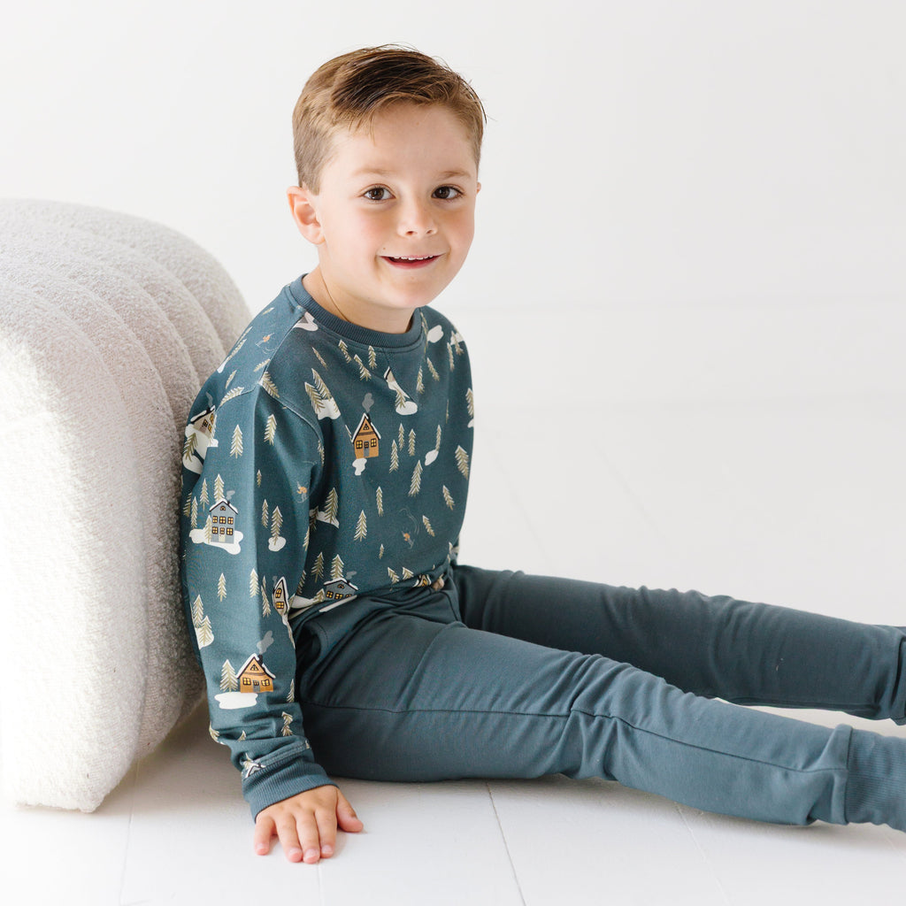 Snowy Village Dark Steel Blue Bamboo French Terry Pullover & Jogger Set