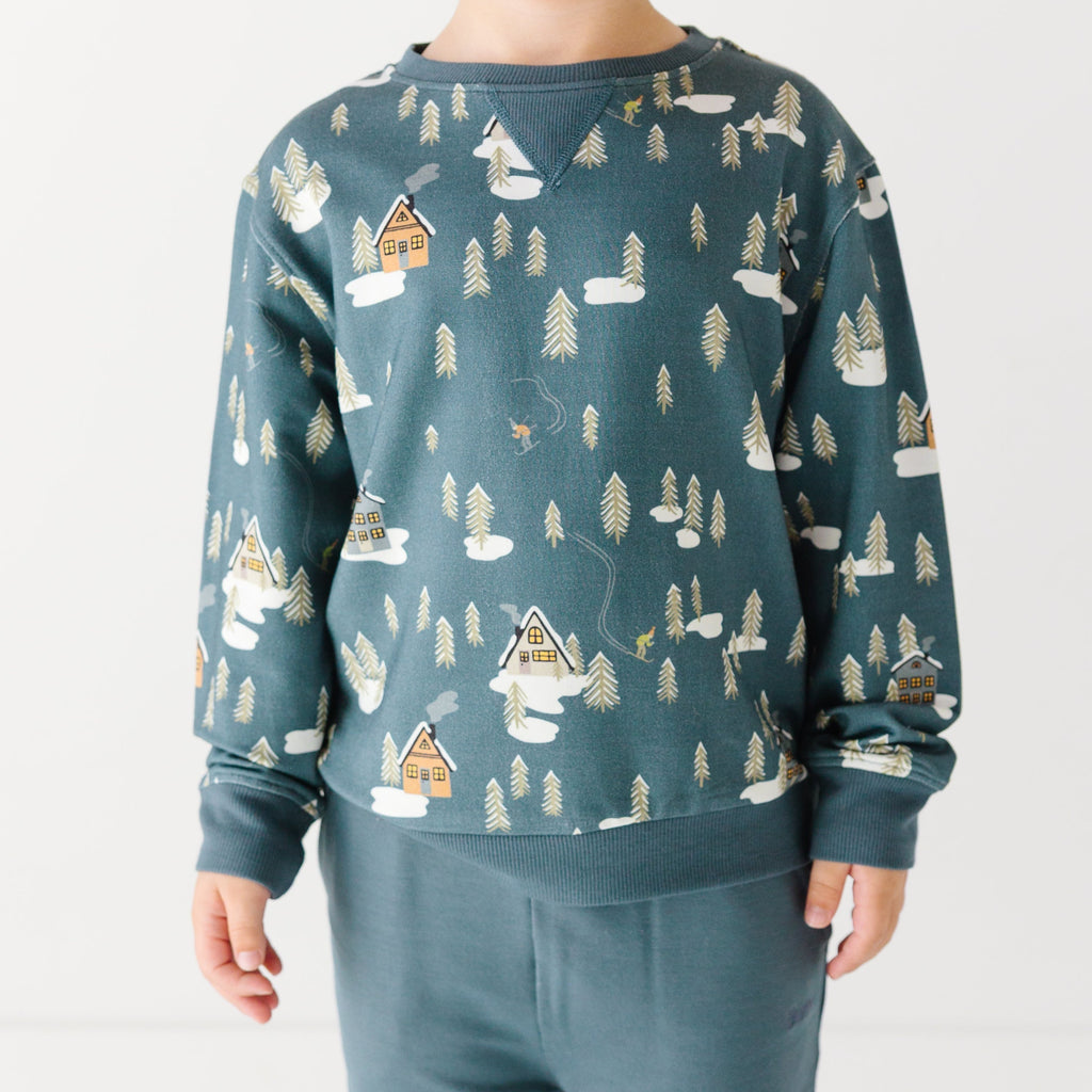 Snowy Village Dark Steel Blue Bamboo French Terry Pullover