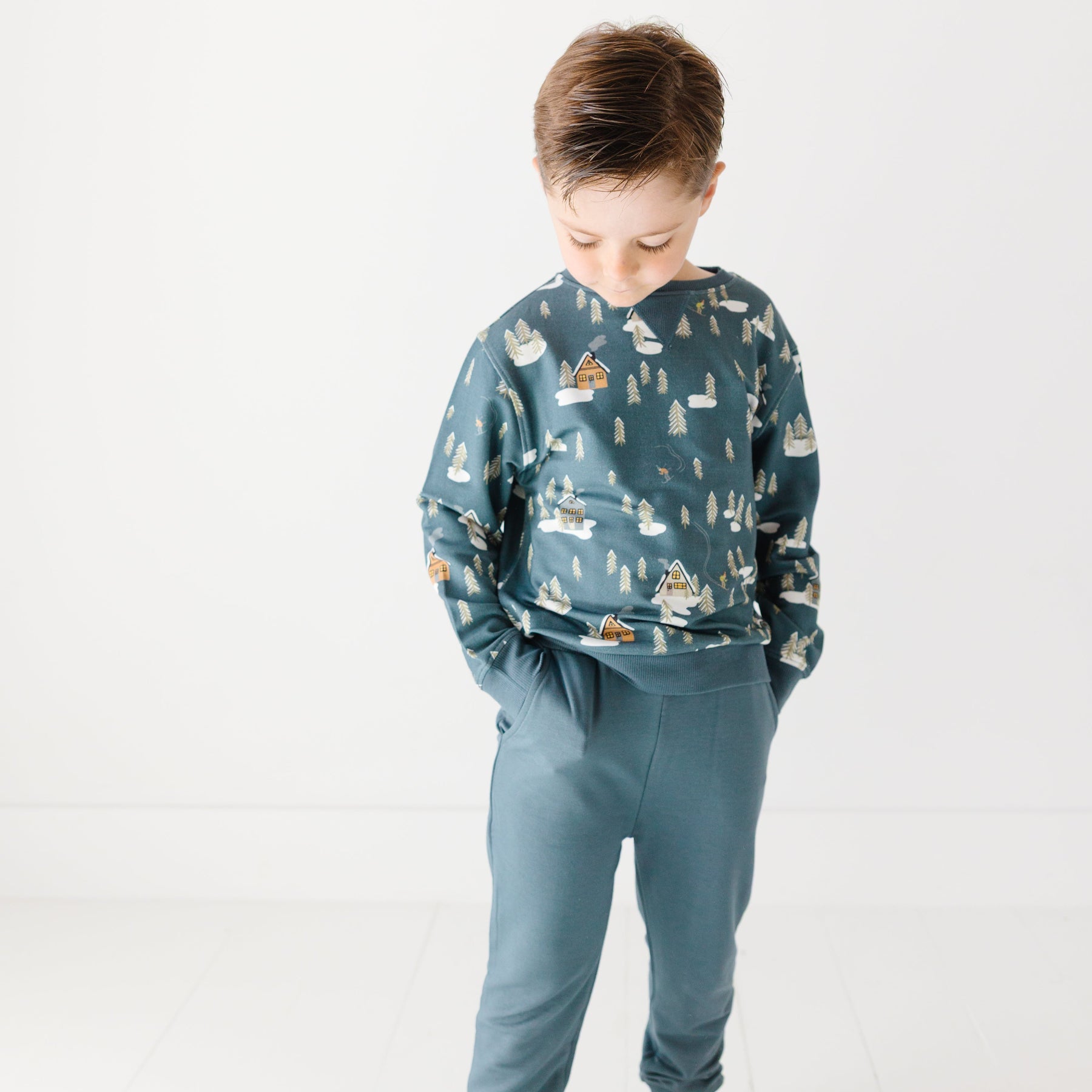 Snowy Village Dark Steel Blue Bamboo French Terry Pullover