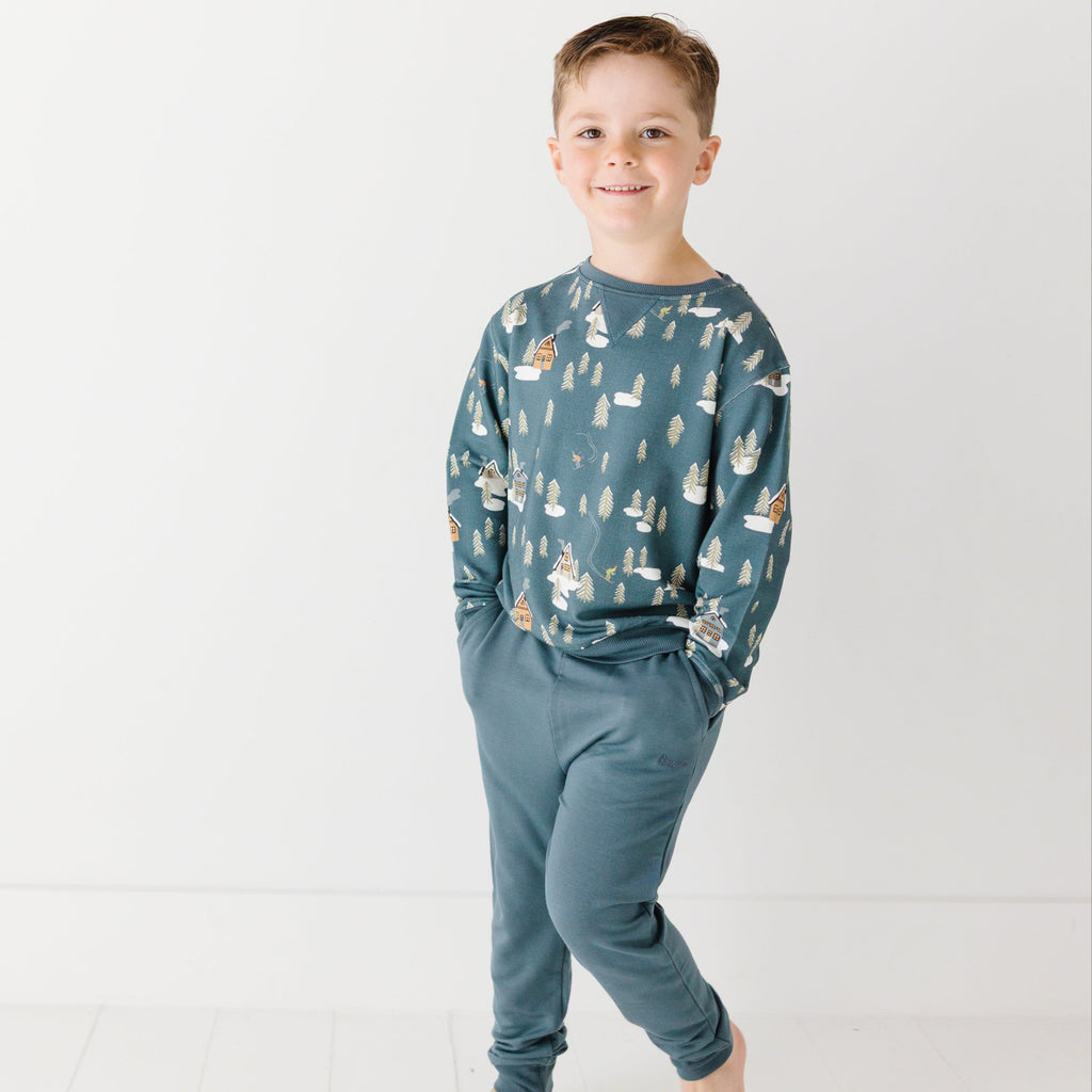 Snowy Village Dark Steel Blue Bamboo French Terry Pullover & Jogger Set