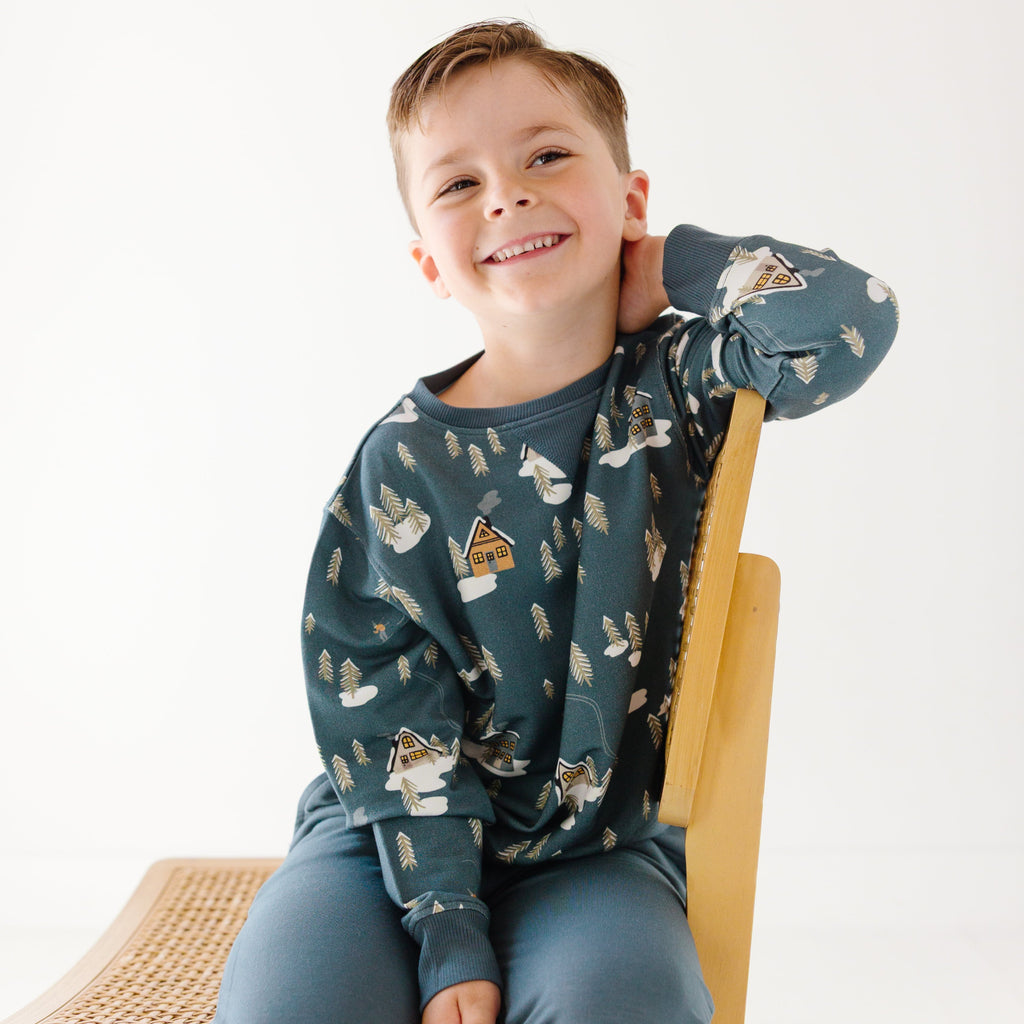 Snowy Village Dark Steel Blue Bamboo French Terry Pullover & Jogger Set