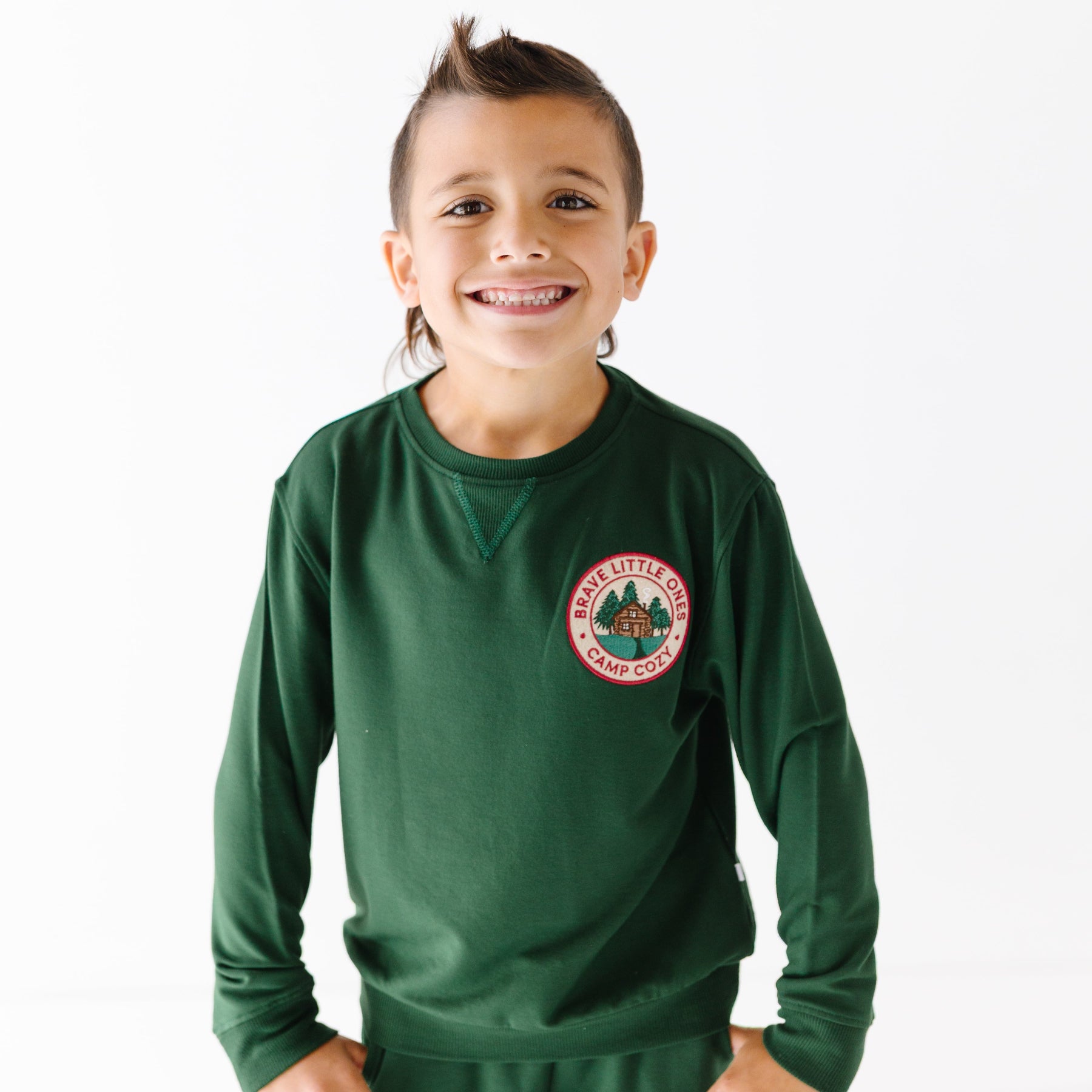 Camp Cozy Patch Forest Green Bamboo French Terry Pullover