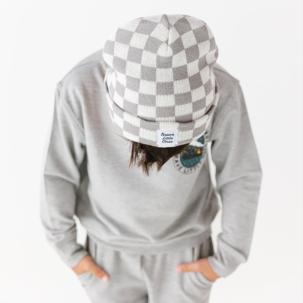 Gray Checkered Knit Beanie