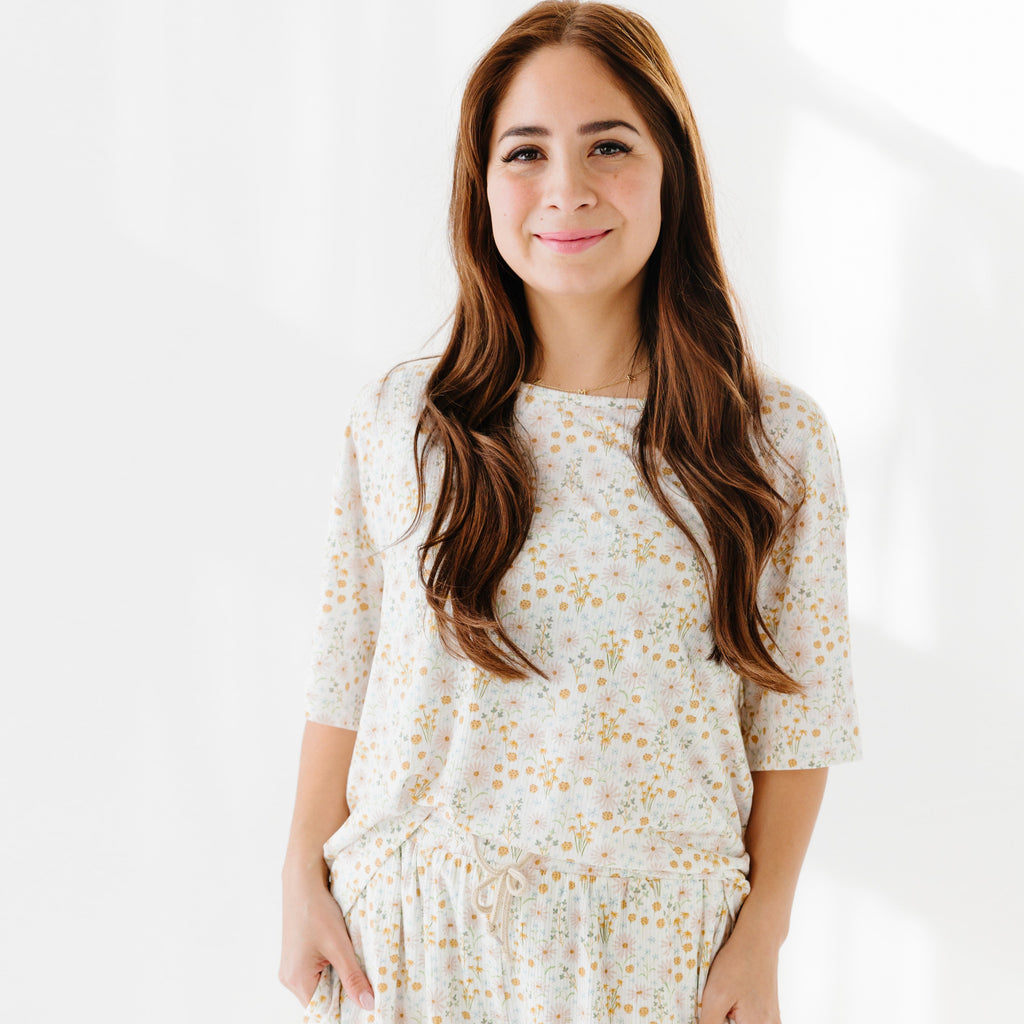 Whimsical Floral Small Ribbed Women's Short Sleeve & Pants Matching Set