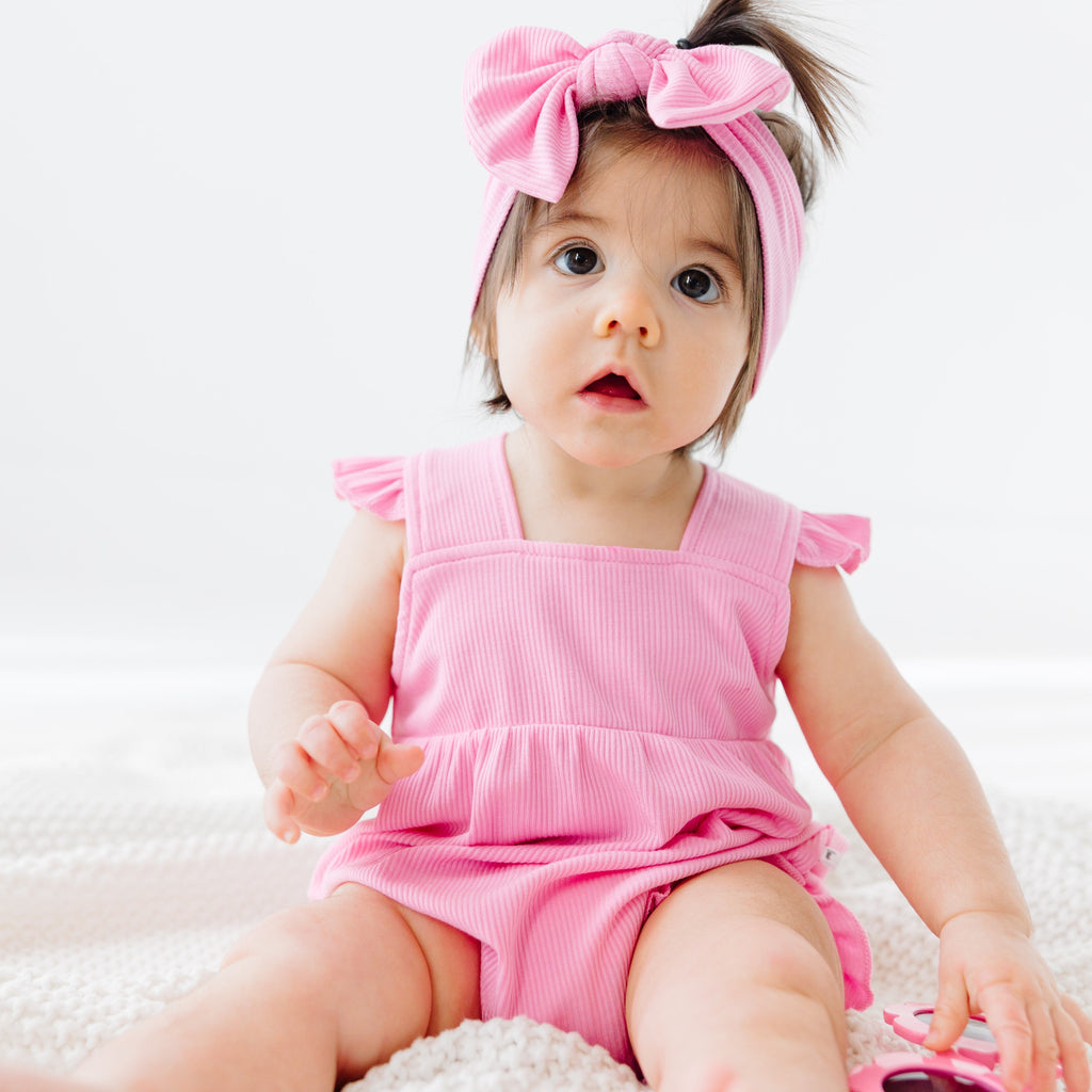 Bubblegum Pink Small Ribbed Flutter Sleeve Romper