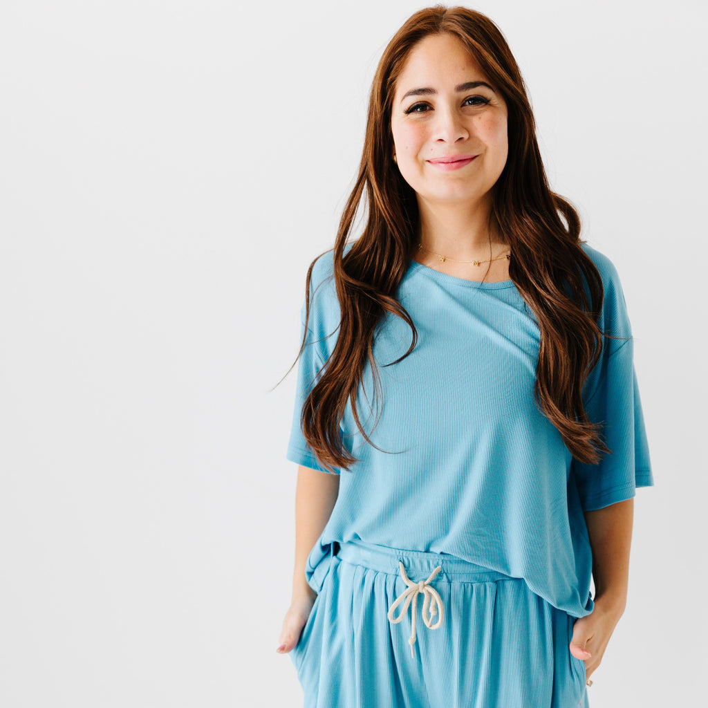 Poolside Blue Small Ribbed Women's Short Sleeve Top