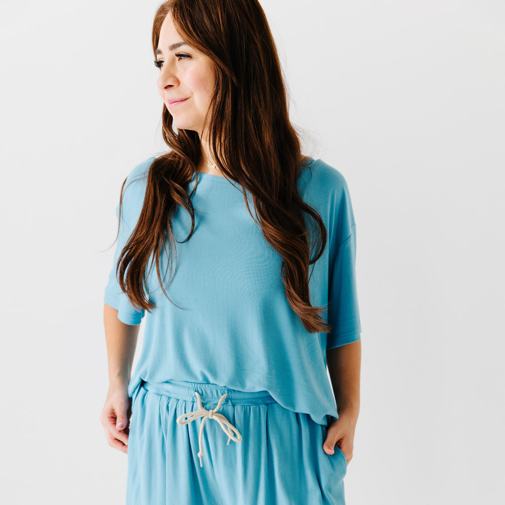 Poolside Blue Small Ribbed Women's Short Sleeve Top