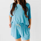 Poolside Blue Small Ribbed Women's Shorts Set