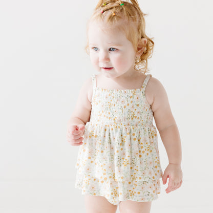 Whimsical Floral Small Ribbed Ruffle Romper