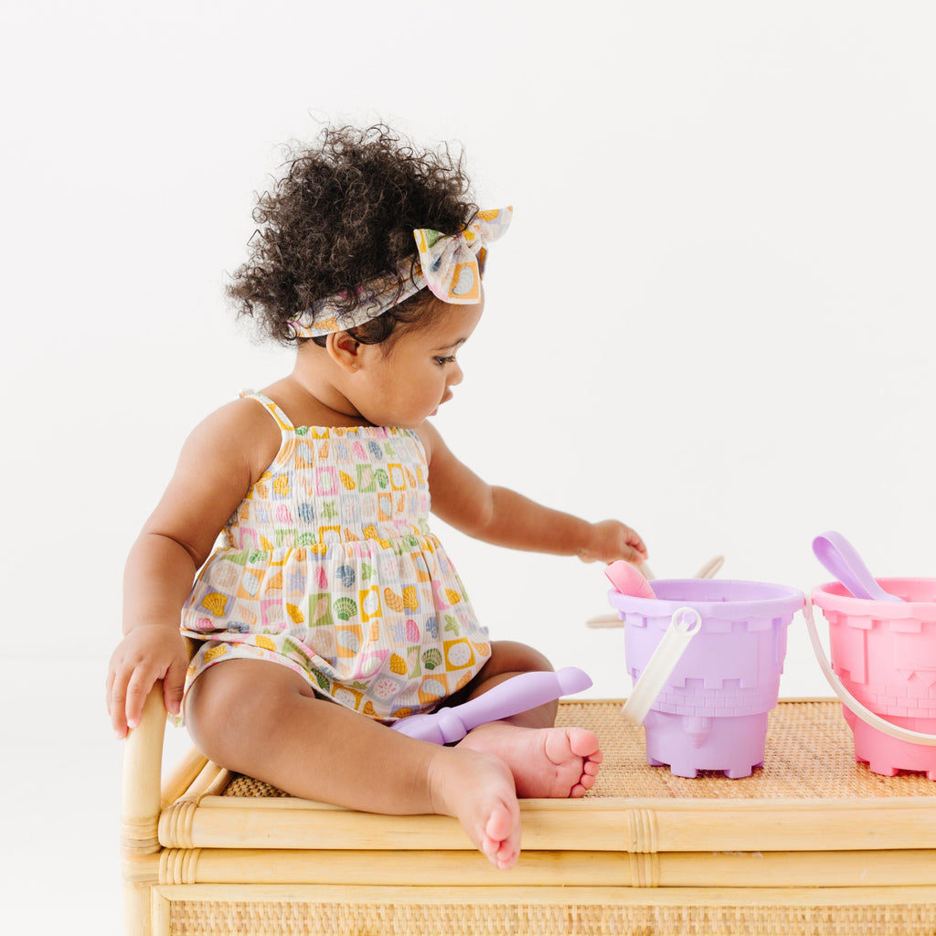 Checkered Seashells Small Ribbed Ruffle Romper