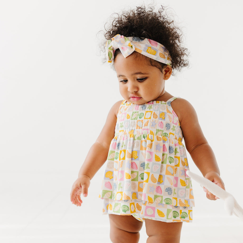 Checkered Seashells Small Ribbed Ruffle Romper
