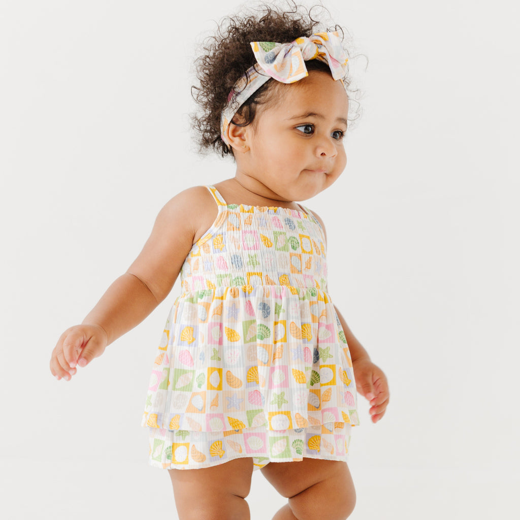 Checkered Seashells Small Ribbed Ruffle Romper