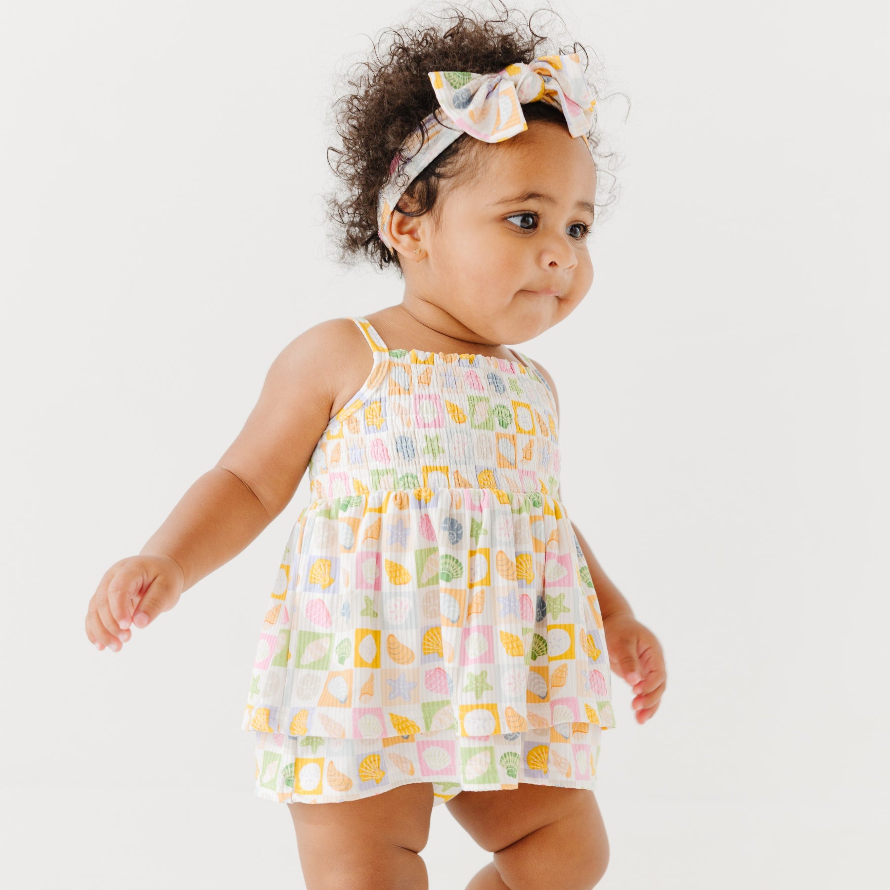 Checkered Seashells Small Ribbed Ruffle Romper