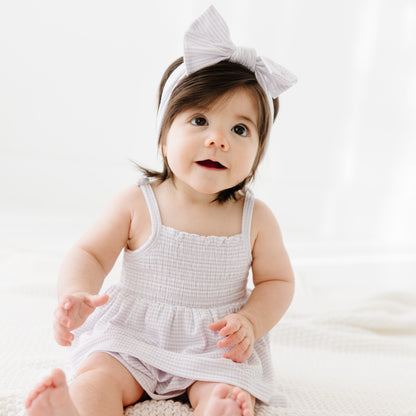 Lavender Small Stripe Ribbed Ruffle Romper