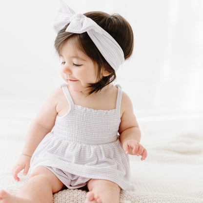 Lavender Small Stripe Ribbed Ruffle Romper