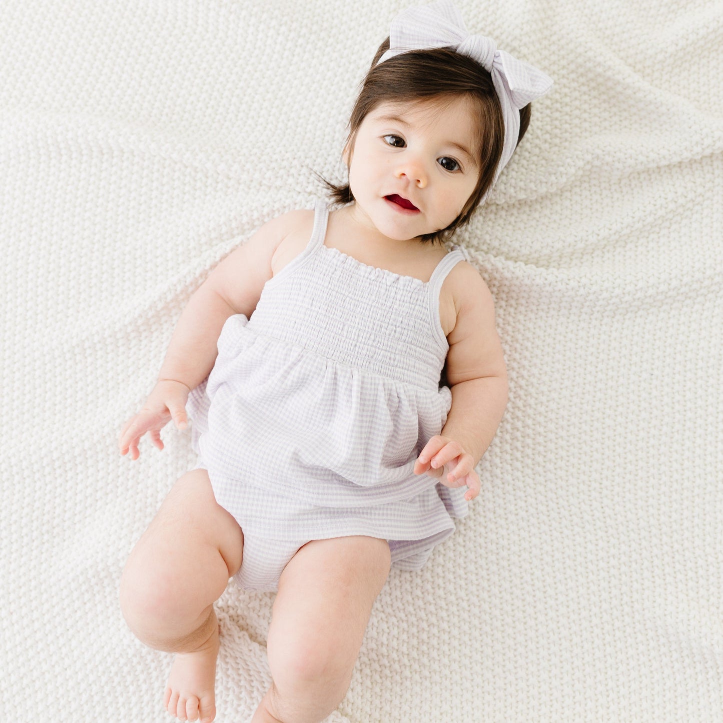 Lavender Small Stripe Ribbed Ruffle Romper