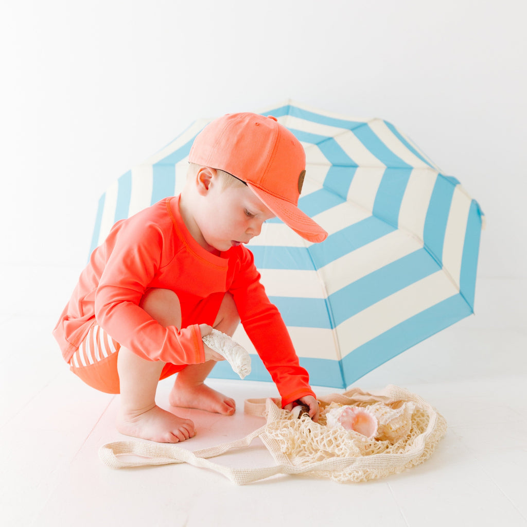Neon Coral Stripe Swim Trunks