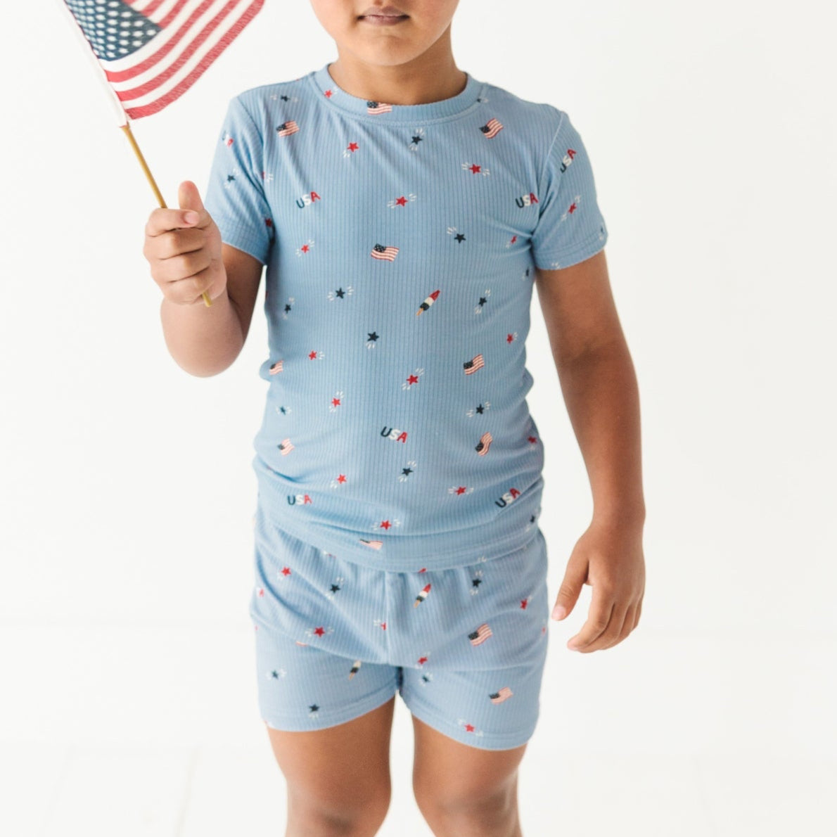 Child wearing a light blue outfit with small American flag pattern, holding a miniature American flag.