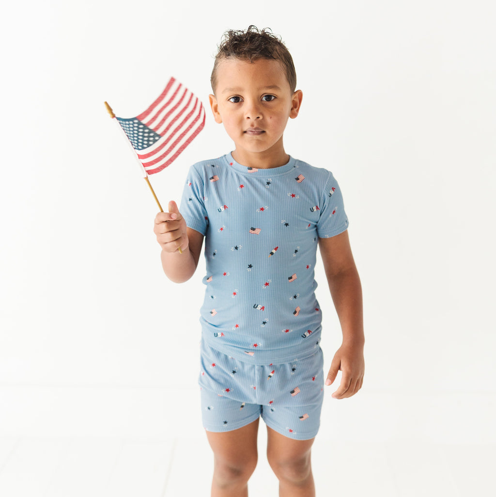 Child wearing a light blue outfit with small American flag pattern, holding a miniature American flag.