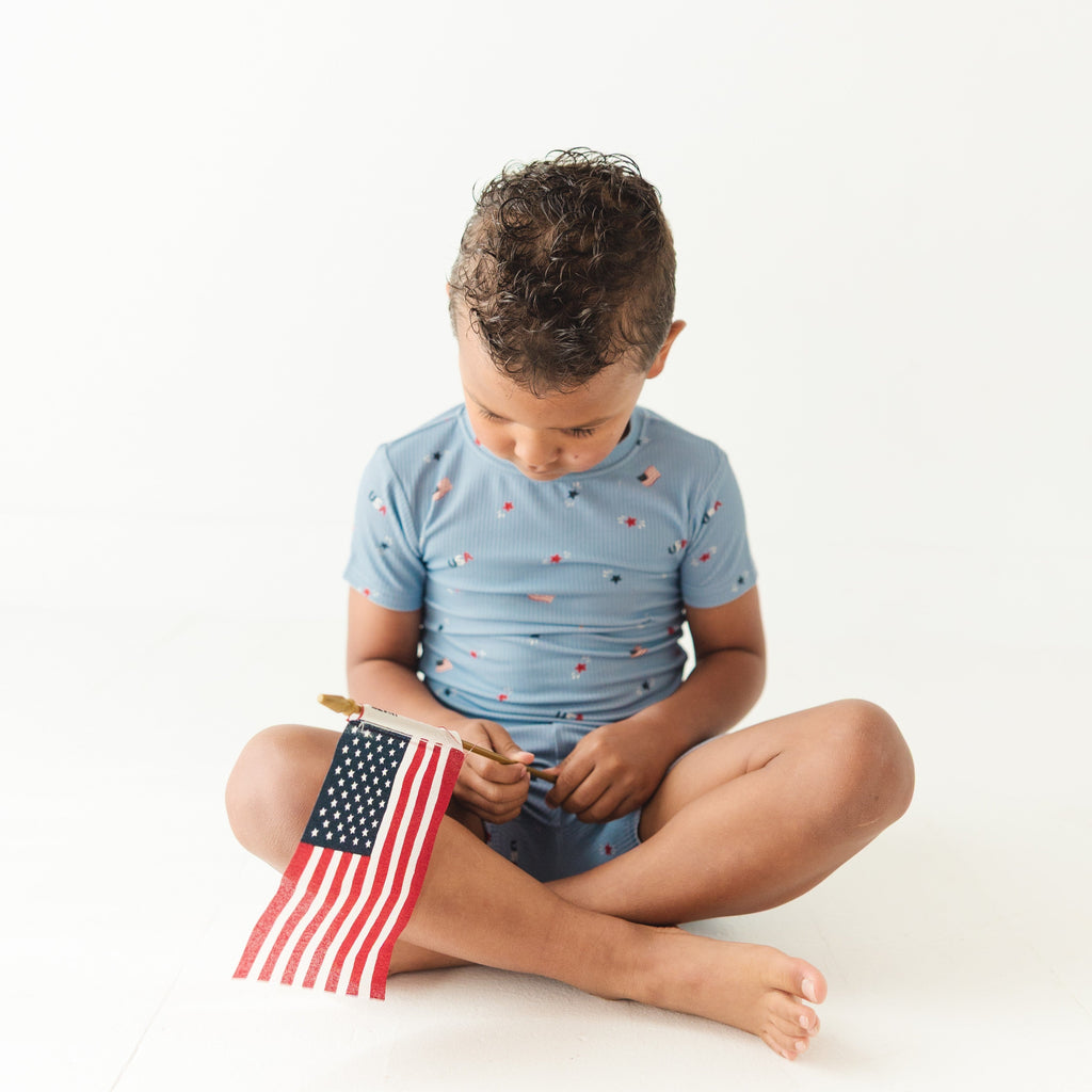 Child sitting on the floor wearing a light blue outfit with small American flag pattern, holding a miniature American flag.
