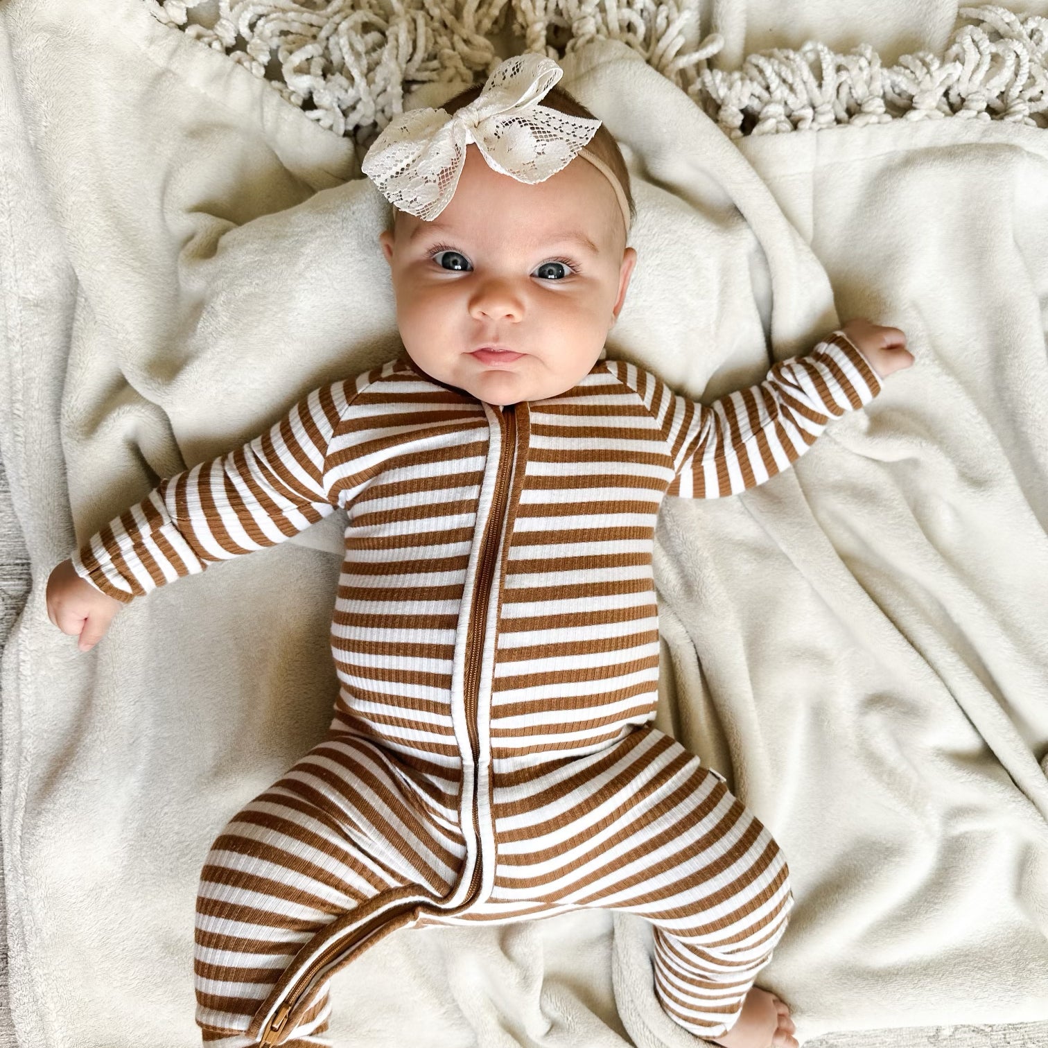 Camel Stripe Ribbed Zip Romper