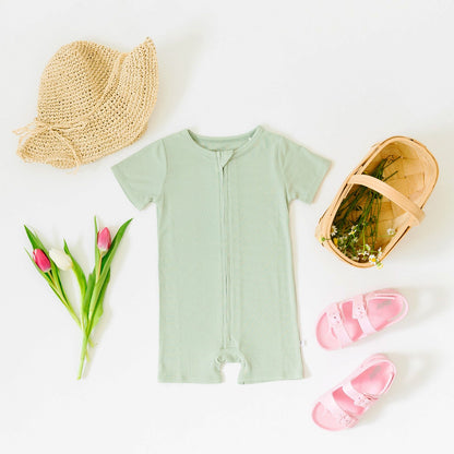 Dusty Sage Small Ribbed Summer Zip Romper