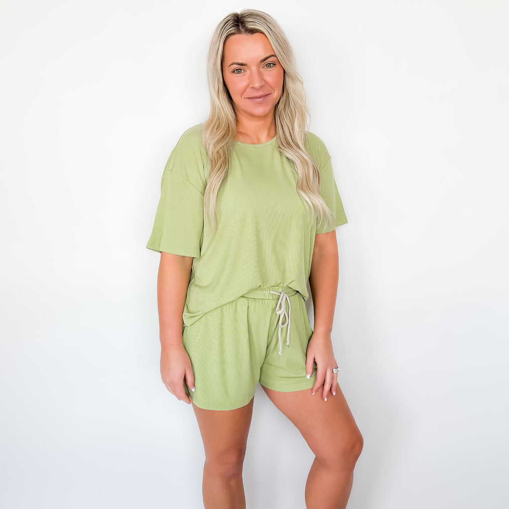 Tarragon Green Small Ribbed Women's Shorts Set