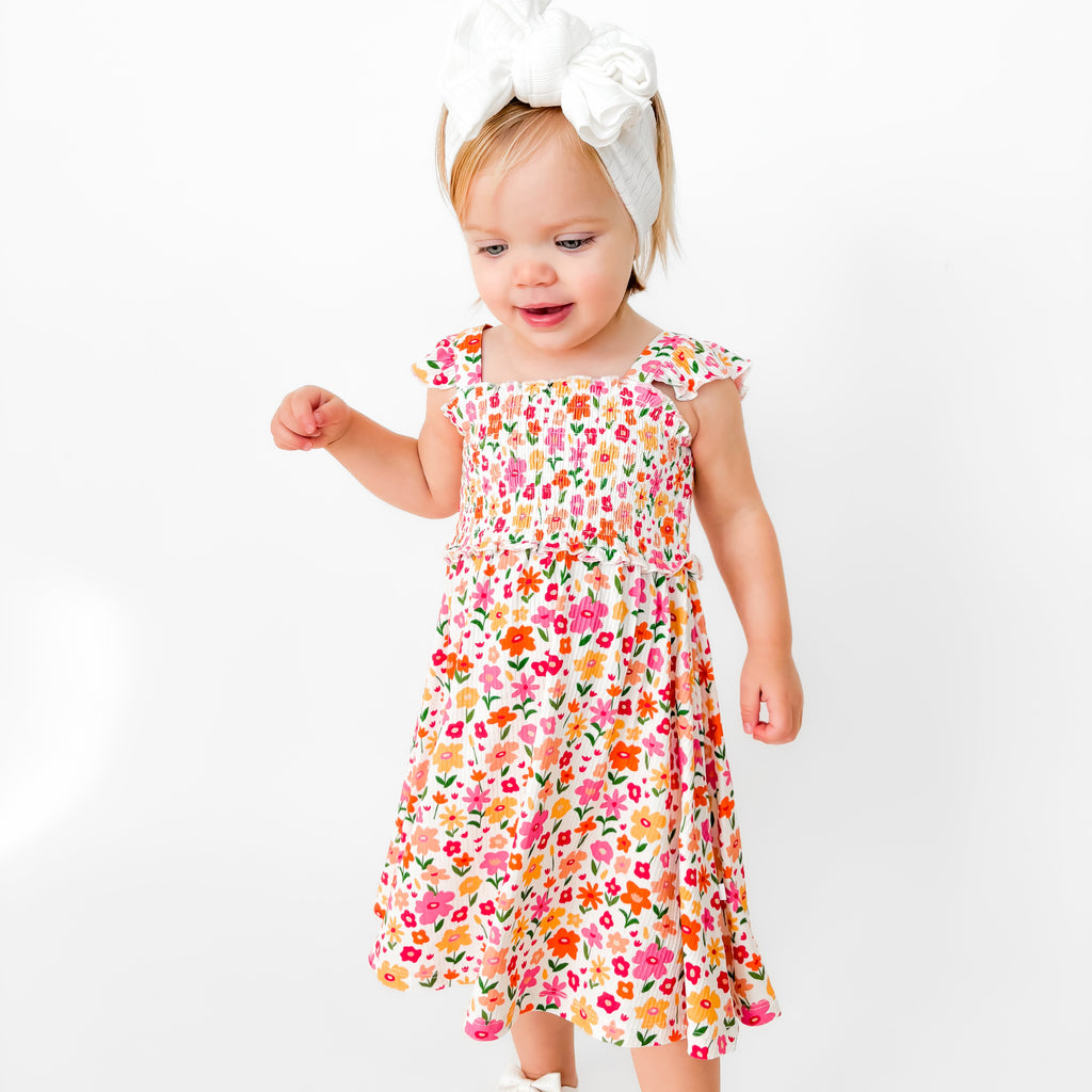 Summer Blooms Small Ribbed Flutter Sleeve Dress