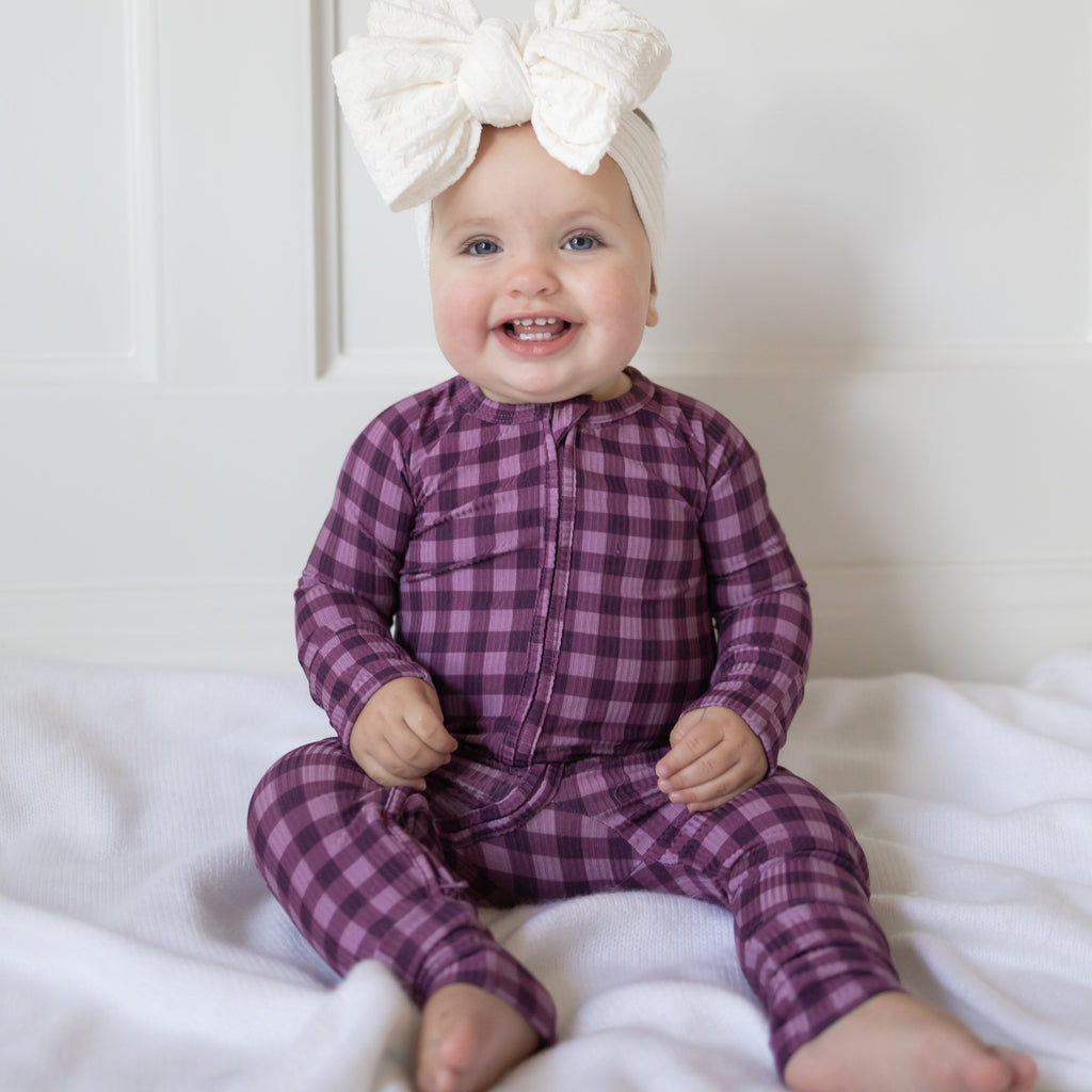 Plum Gingham Small Ribbed Zip Romper