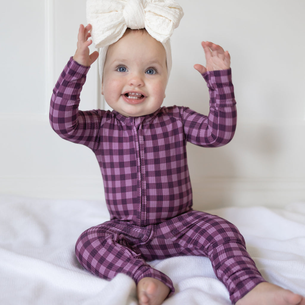 Plum Gingham Small Ribbed Zip Romper