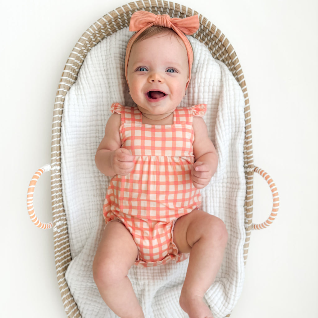 Coral Gingham Flutter Sleeve Romper