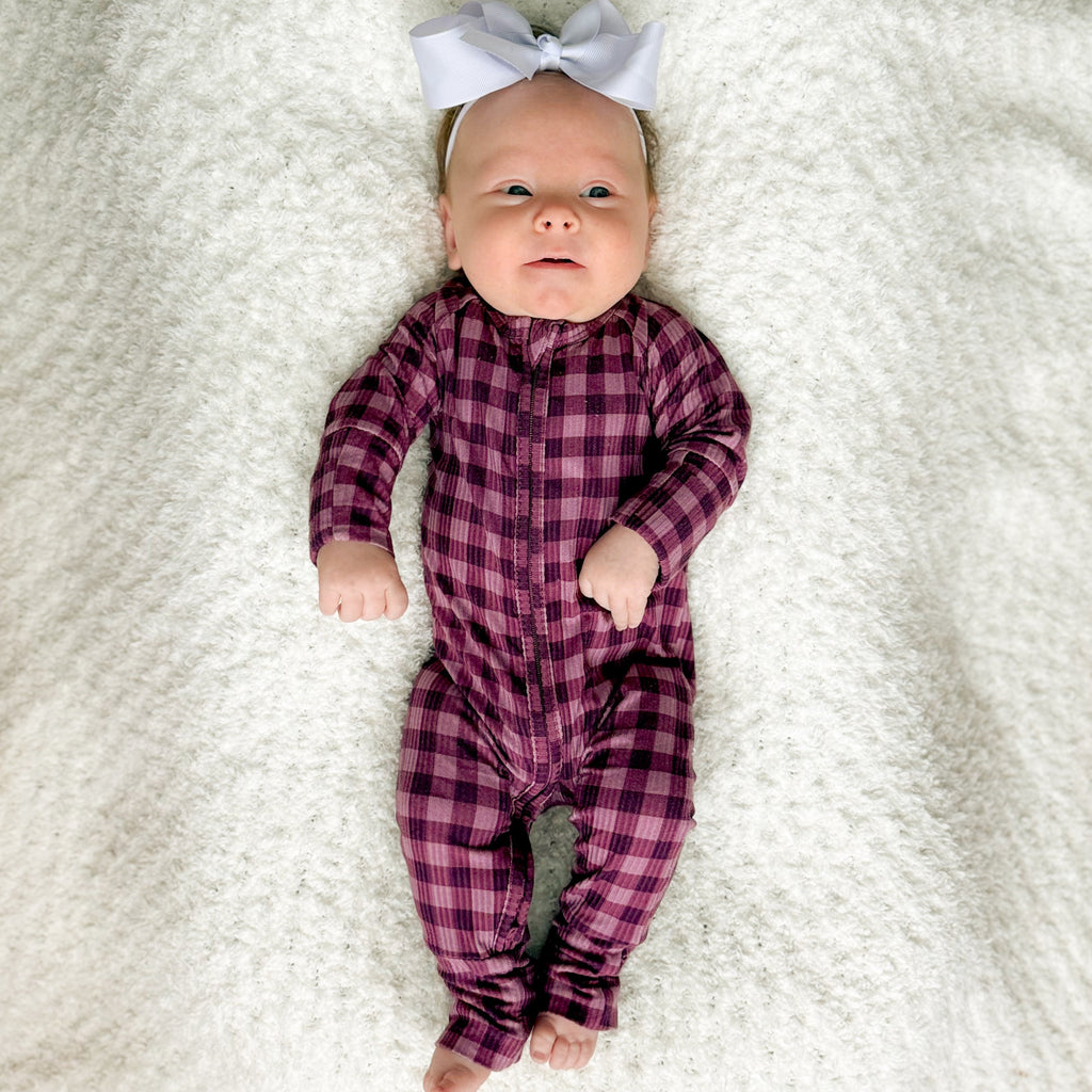 Plum Gingham Small Ribbed Zip Romper