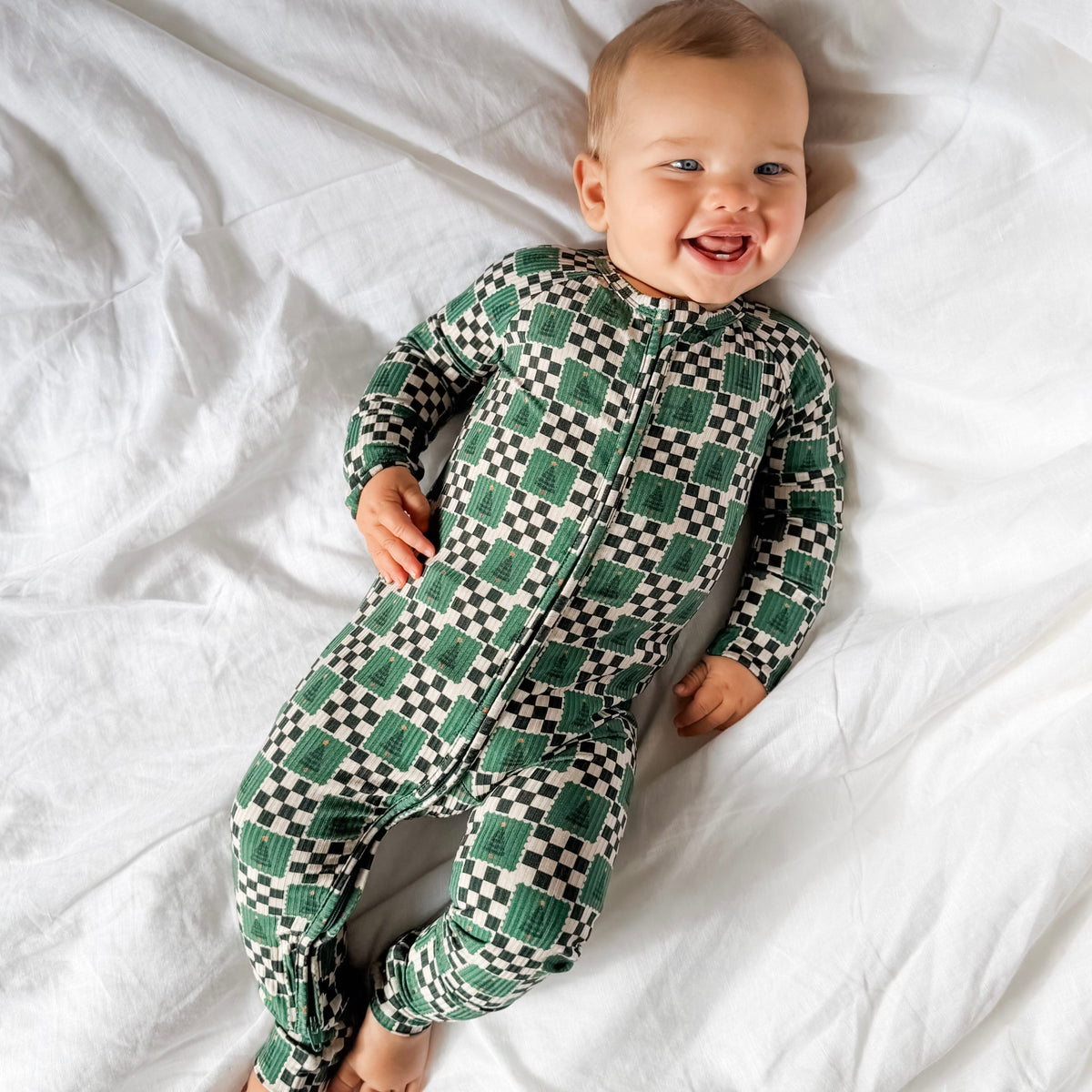 Checkered Christmas Trees Small Ribbed Zip Romper