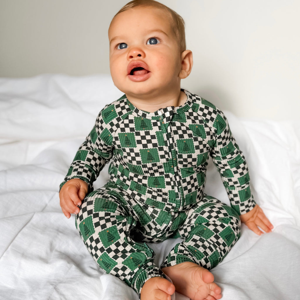 Checkered Christmas Trees Small Ribbed Zip Romper