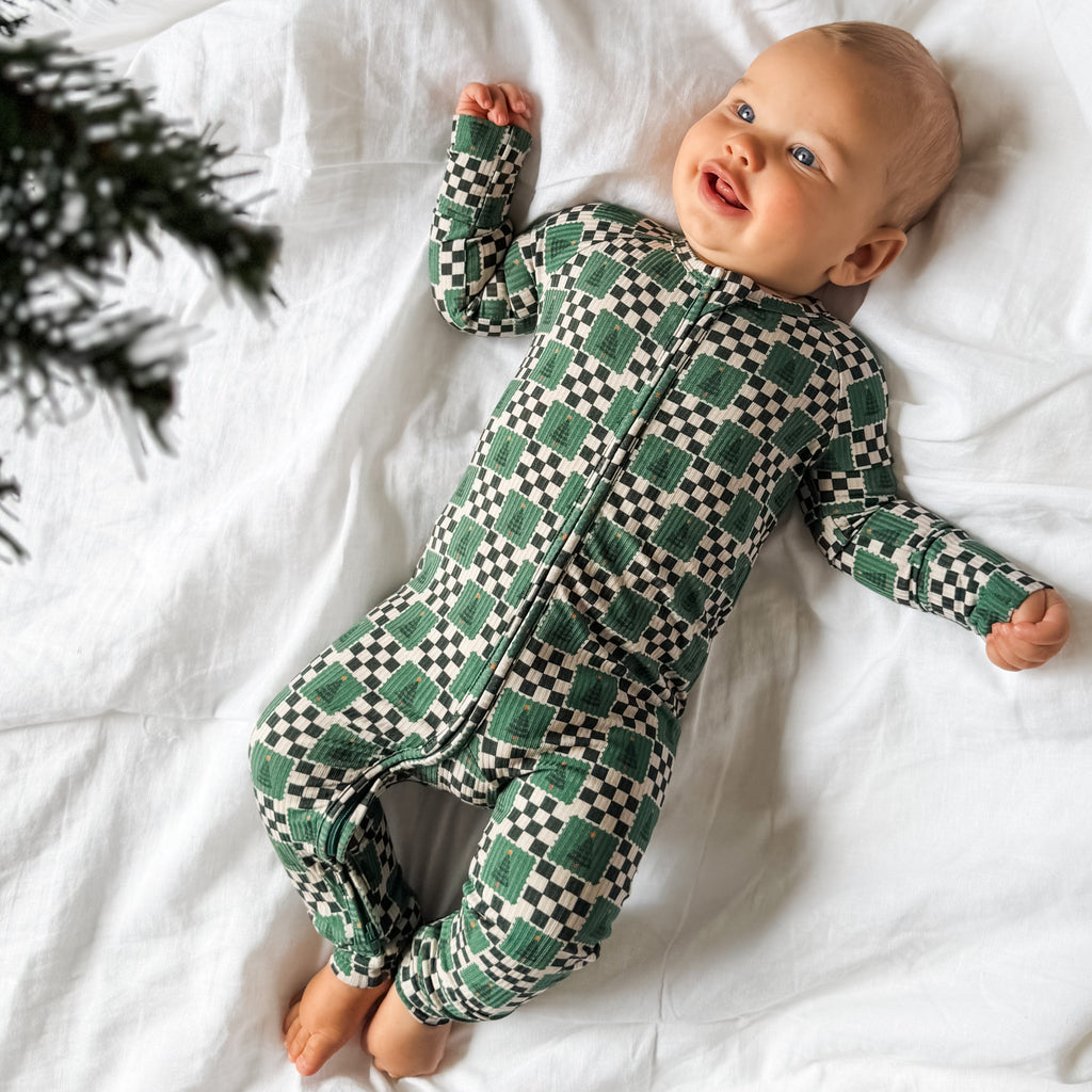 Checkered Christmas Trees Small Ribbed Zip Romper