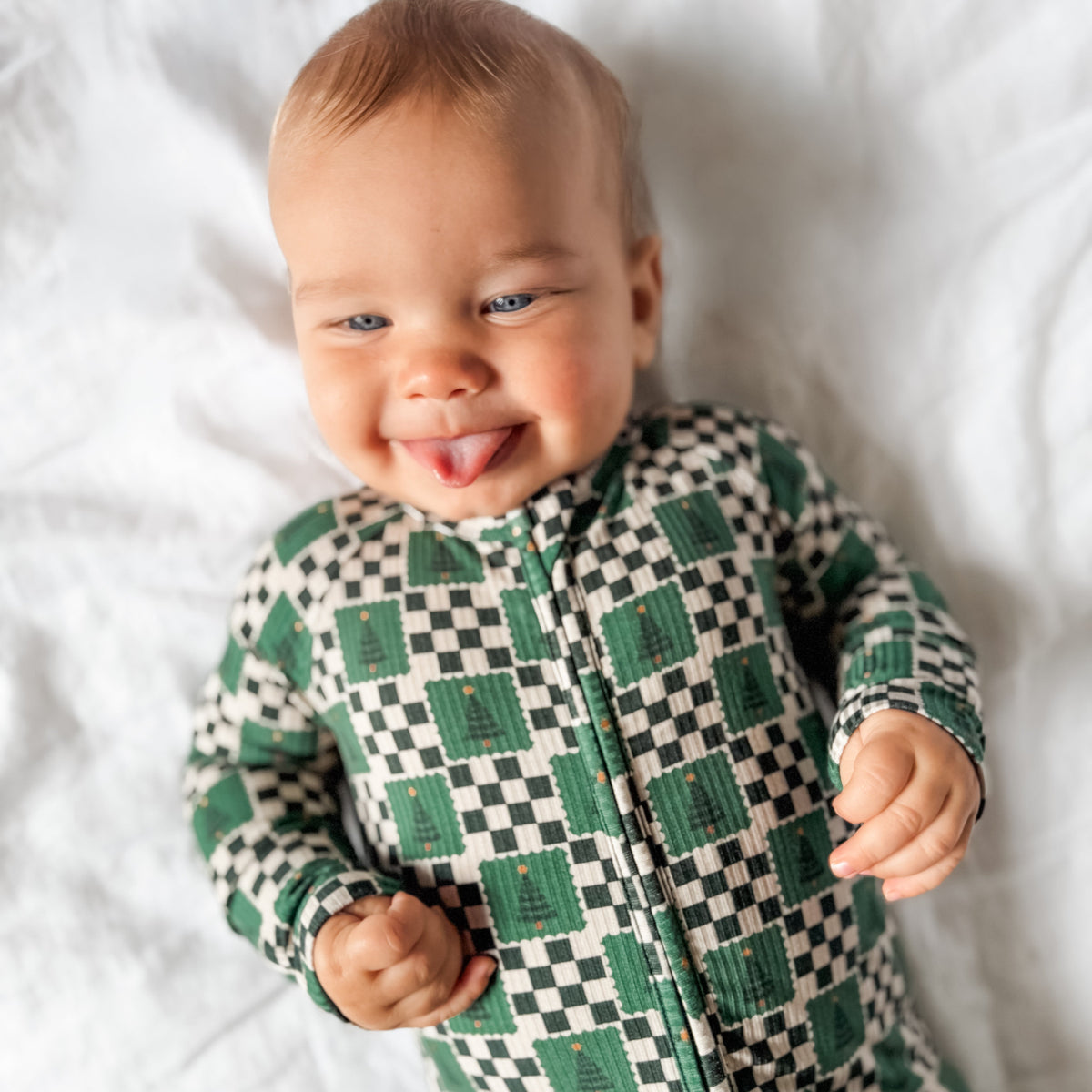 Checkered Christmas Trees Small Ribbed Zip Romper