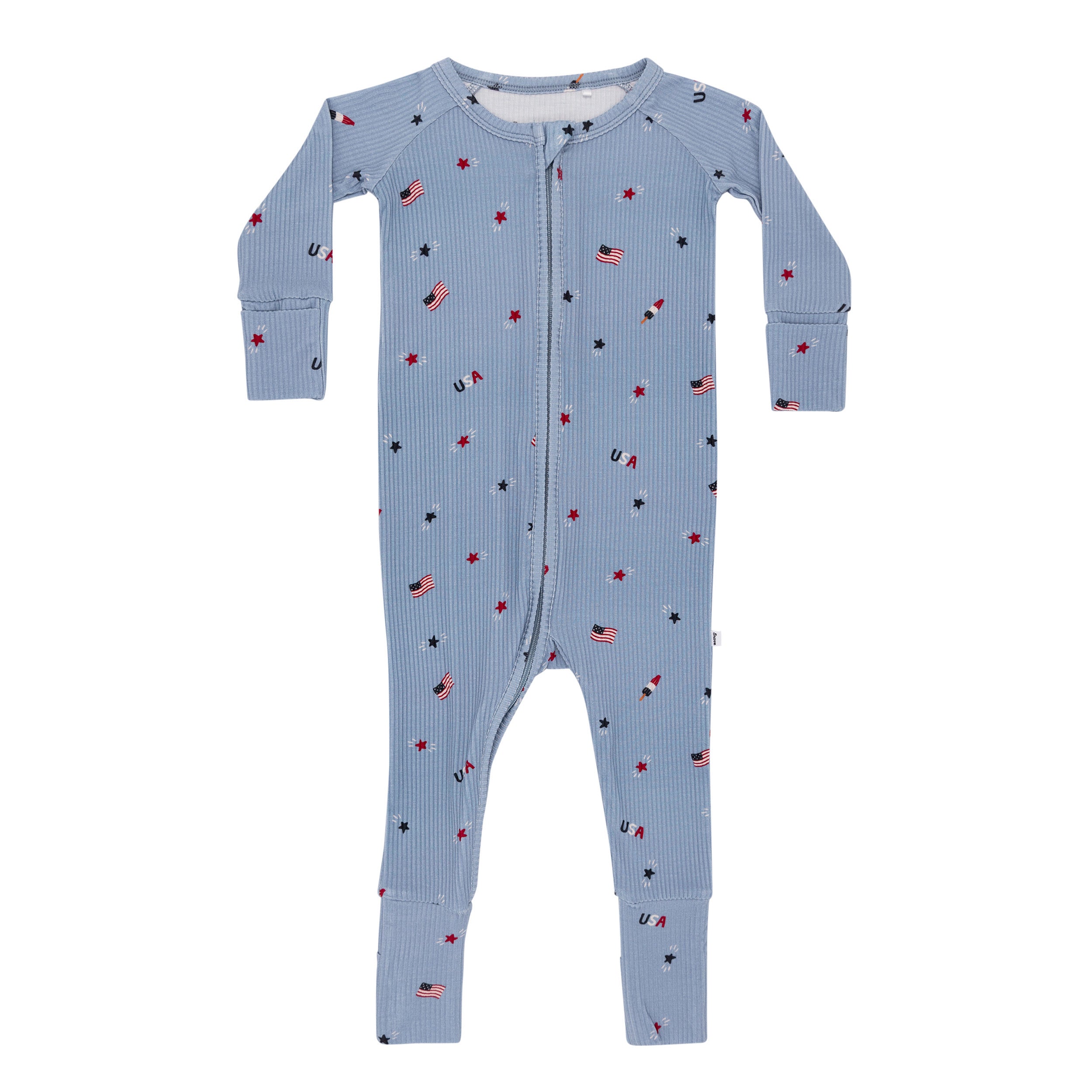 Blue baby onesie with star and flag pattern on a white background