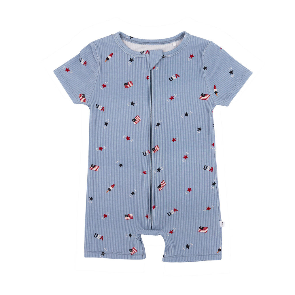 Baby romper with star and flag pattern on a white background