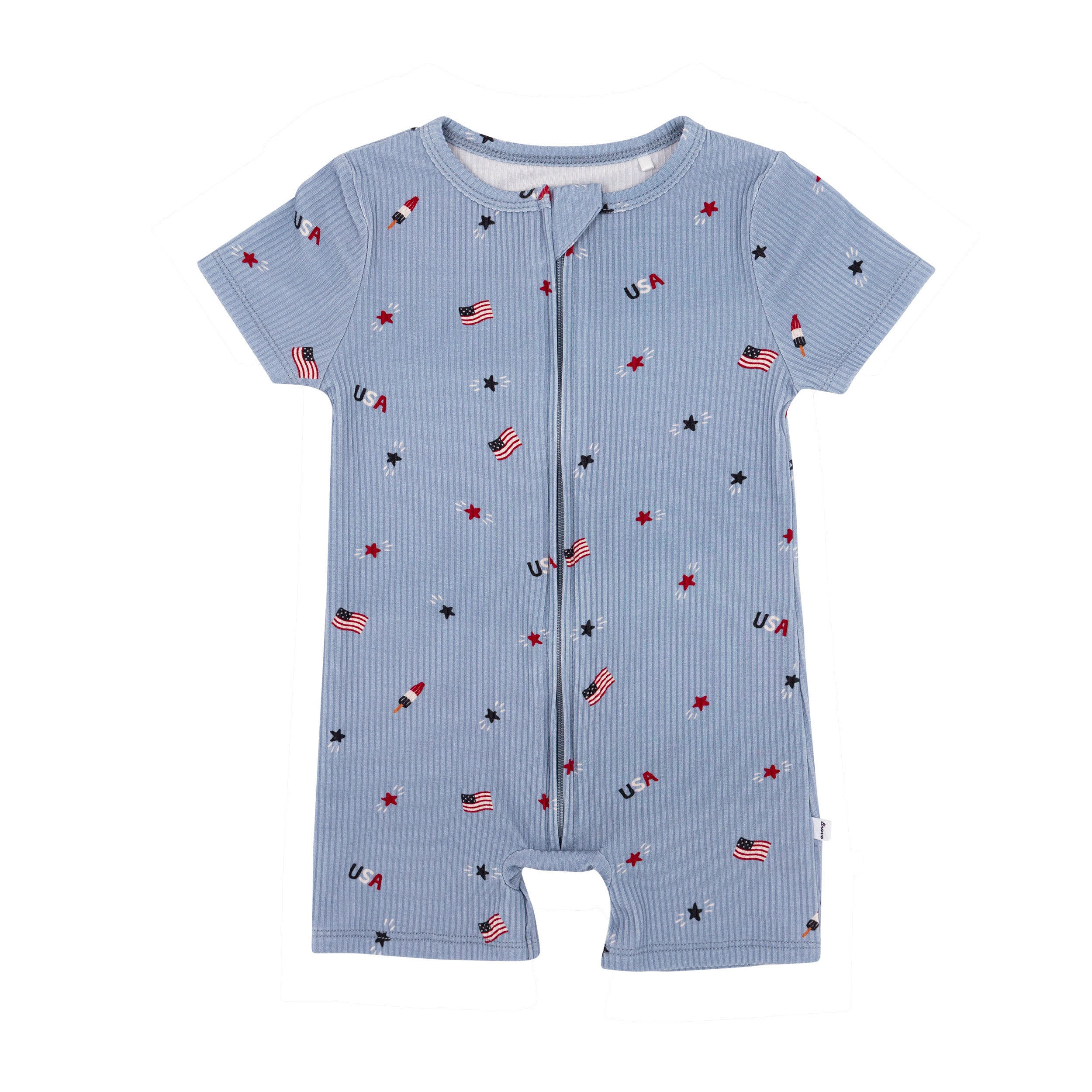 Baby romper with star and flag pattern on a white background